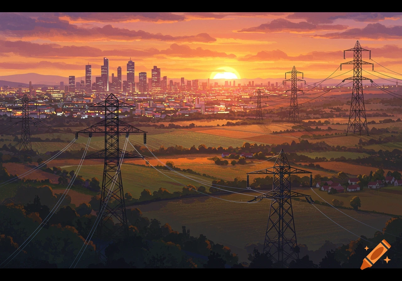 An anime-style illustration of a city skyline at sunset, with power lines and transmission towers in the foreground, overlooking fields.