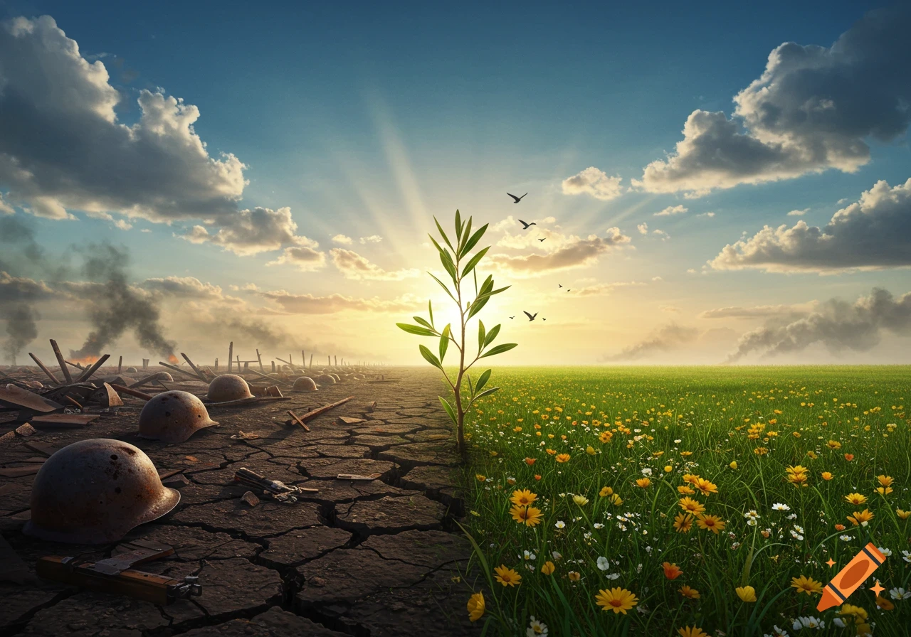 A landscape split between a desolate, war-torn side with helmets and smoke, and a vibrant green field with flowers, a young plant in the middle under a bright sky.