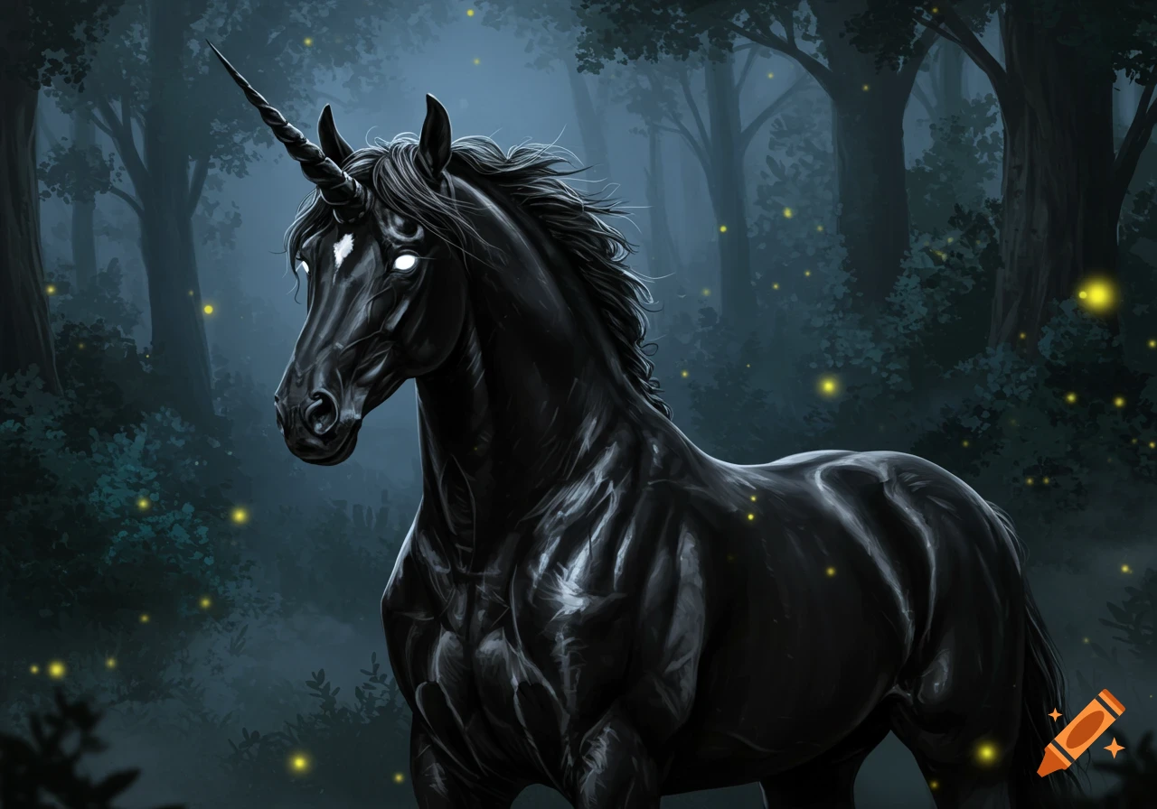 A muscular black unicorn with glowing white eyes stands in a dark, mystical forest with fireflies.