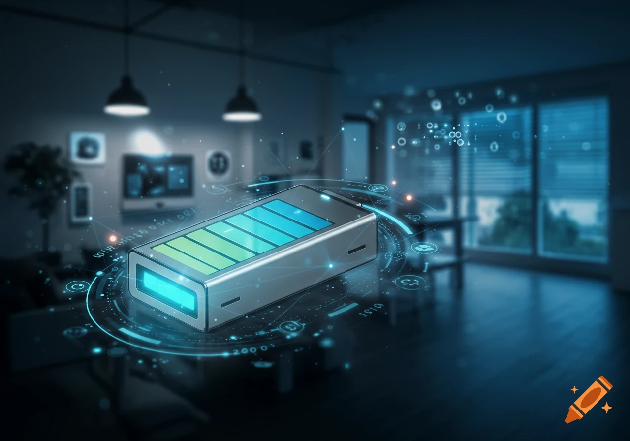 A futuristic battery with digital glowing circuits and data flowing around it, in a dark, modern smart home interior.