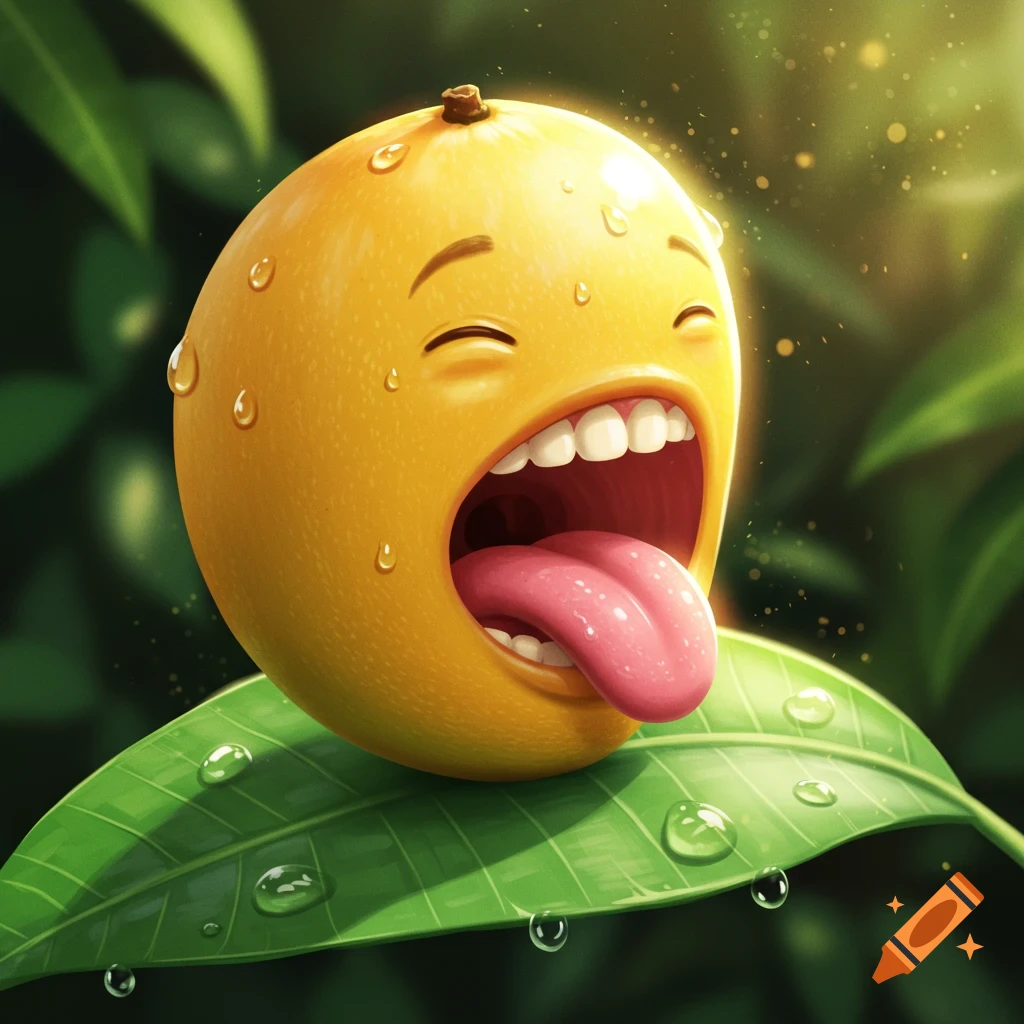 A vibrant cartoon mango with a wide open mouth and a pink tongue sticking out, covered in glistening water droplets, resting on a green leaf with more water drops.