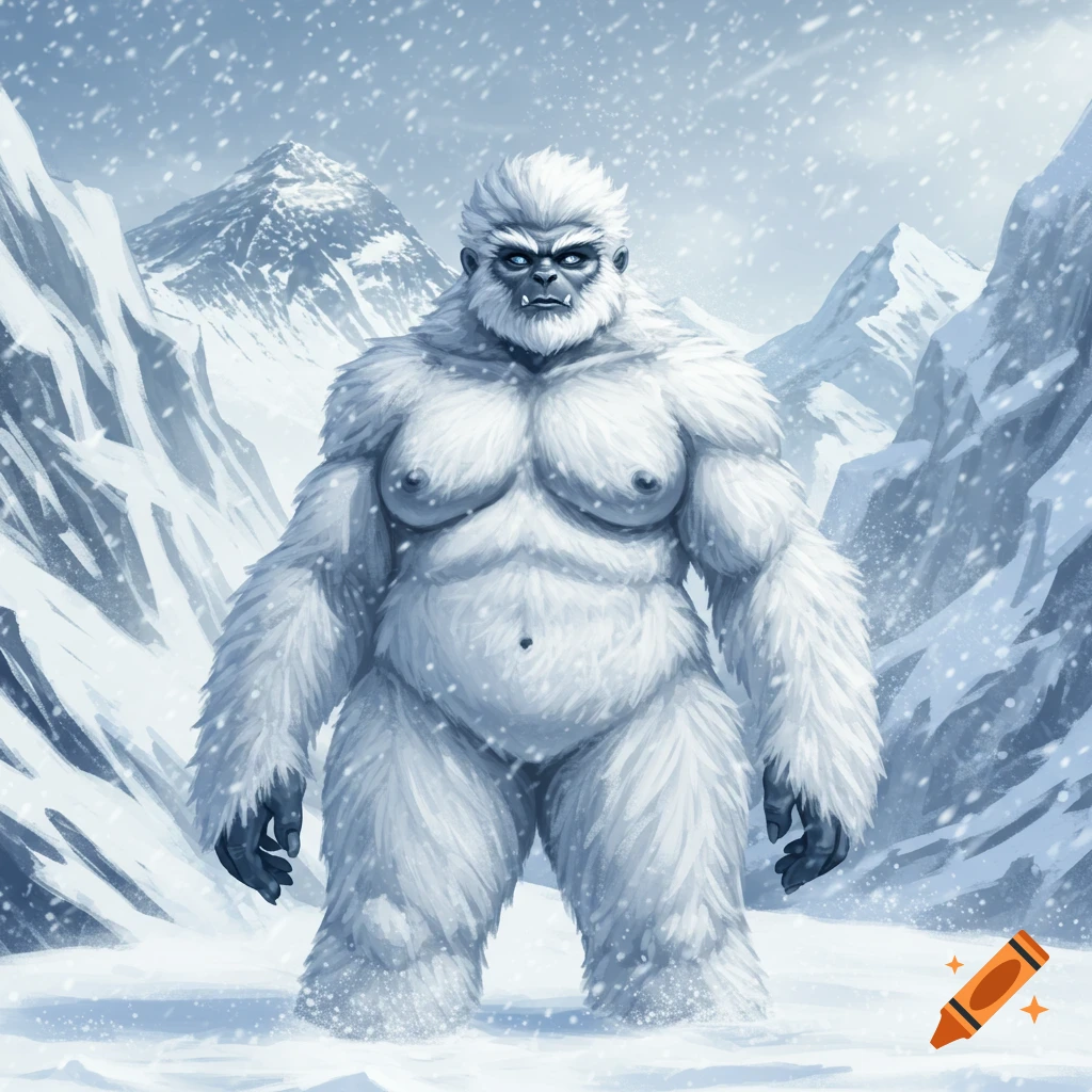 A large, furry white yeti with a stout build stands in a snowy mountain landscape with falling snow.