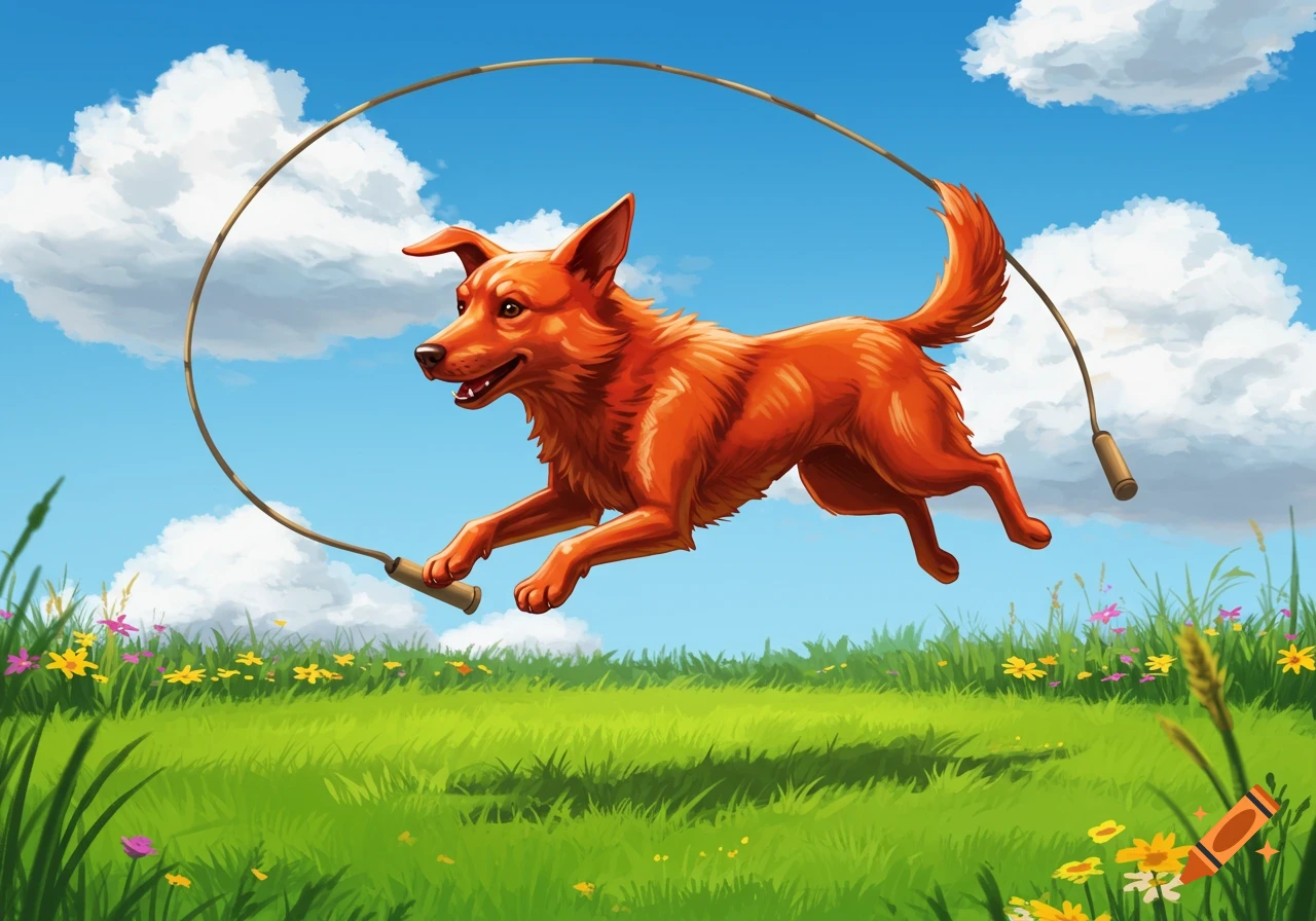 A vibrant red dog jumps rope high in the air in a sunny green field under a blue sky, cartoon illustration.