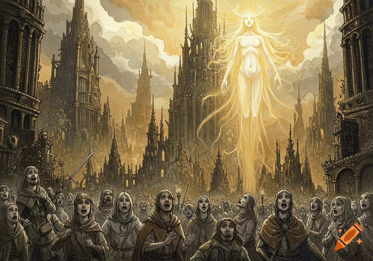 A terrified medieval crowd looks up at a glowing, ethereal spirit with flowing hair above a dense gothic cityscape, in a Yoshitaka Amano watercolor style.