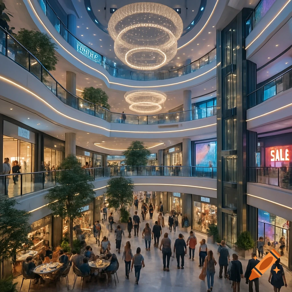 A photorealistic, high-angle view of a modern, multi-story shopping mall atrium with many people walking, shops, and large, ornate circular chandeliers.
