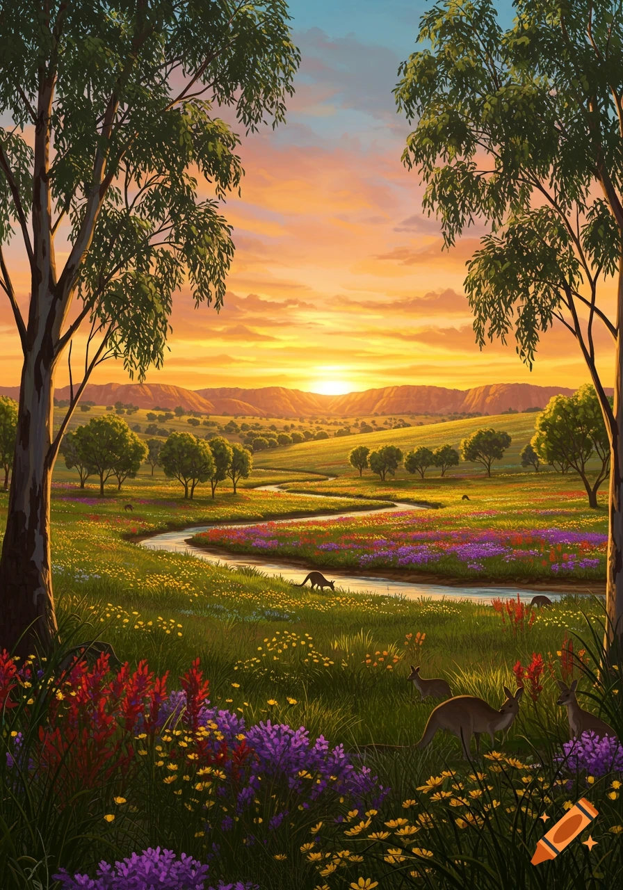 Illustrative Australian landscape with a winding river, wildflowers, kangaroos, and gum trees under a vibrant sunset.