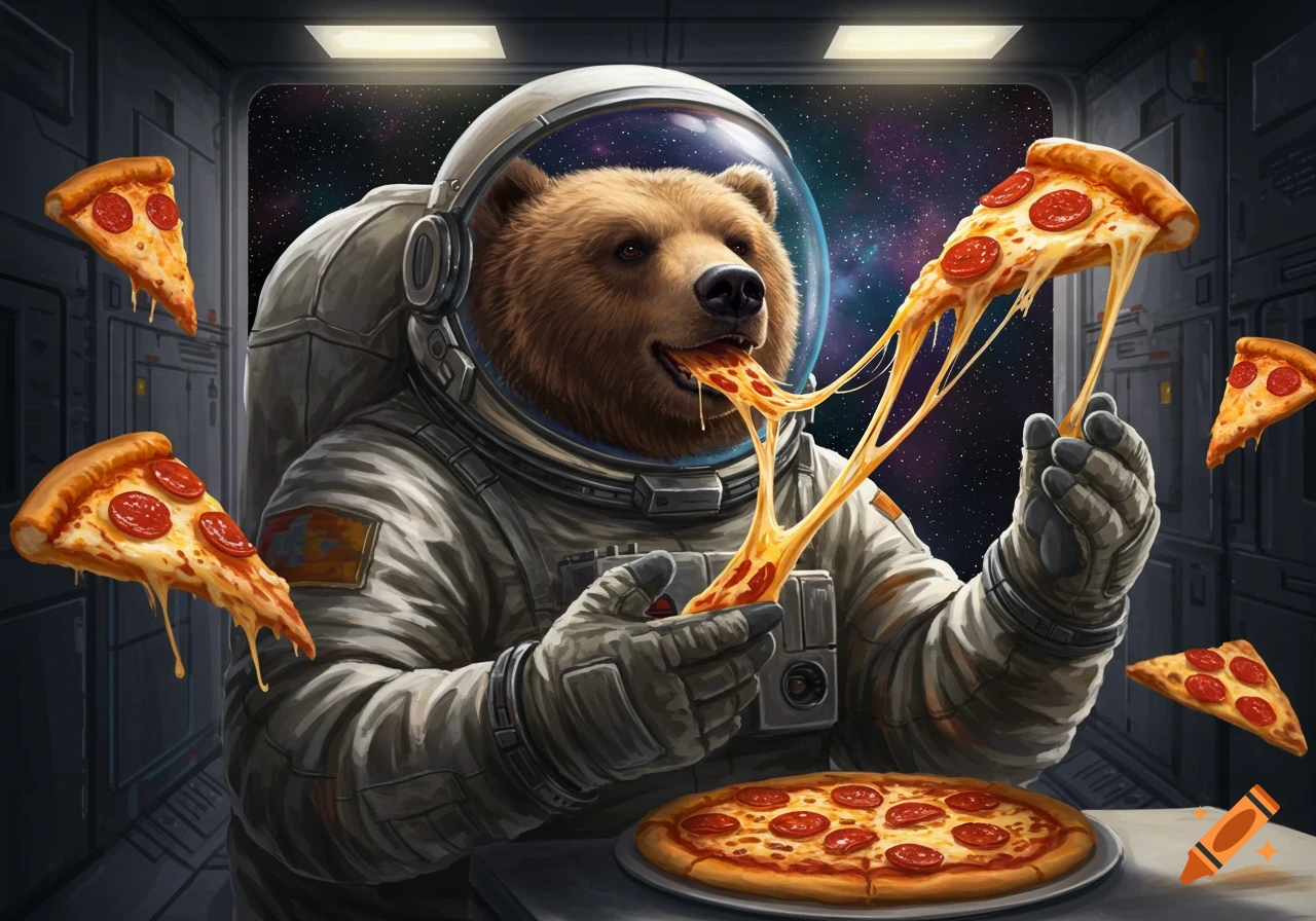 An anthropomorphic bear in a spacesuit eats cheesy pizza inside a spaceship looking out at space.