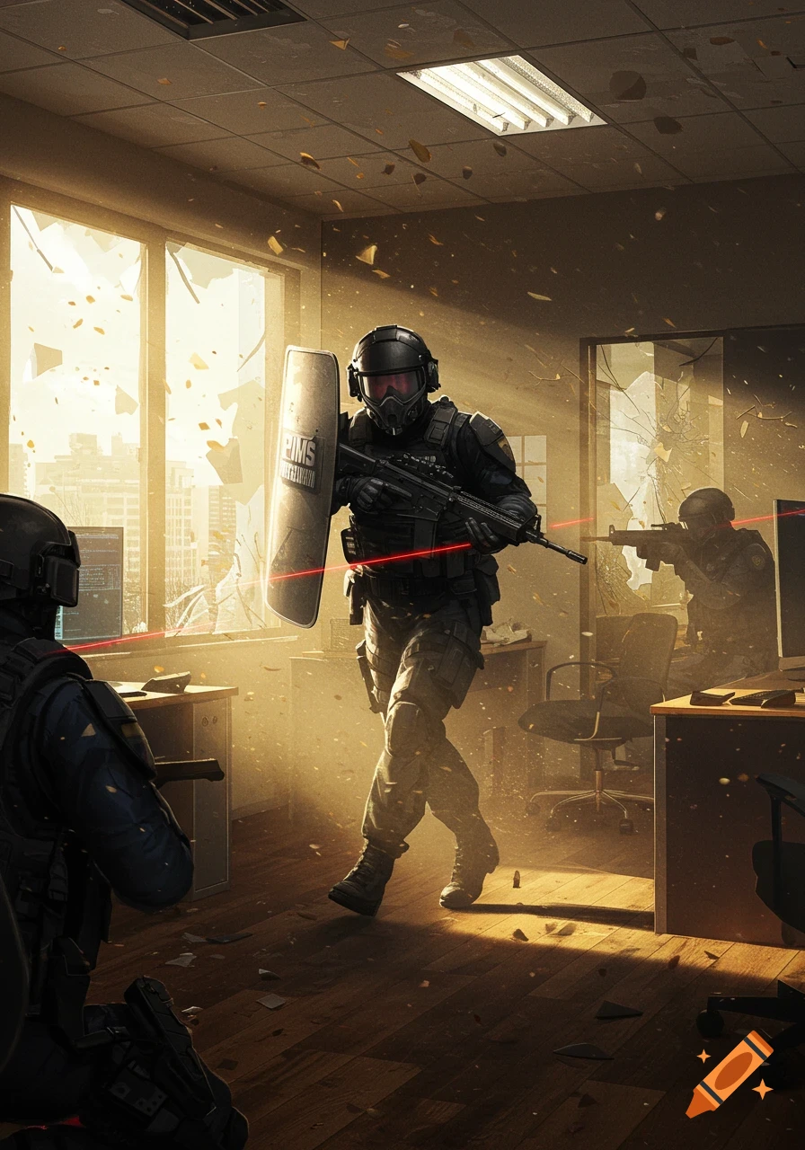 Photorealistic image of a SWAT team member with a shield and rifle, aiming in a sunlit, debris-filled office after breaching.