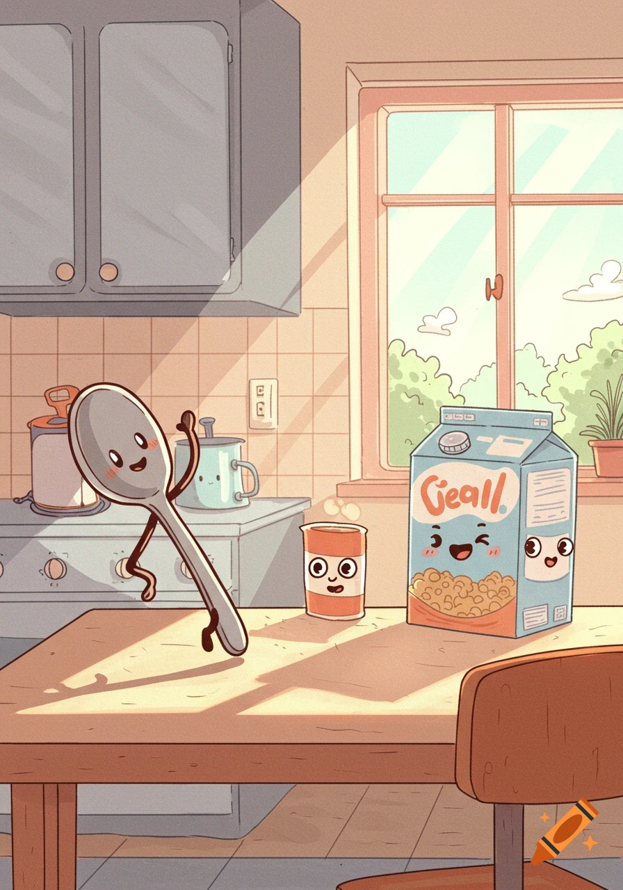 A cartoon spoon with arms and legs dances on a kitchen table next to a smiling cereal box and can in a sunlit kitchen.
