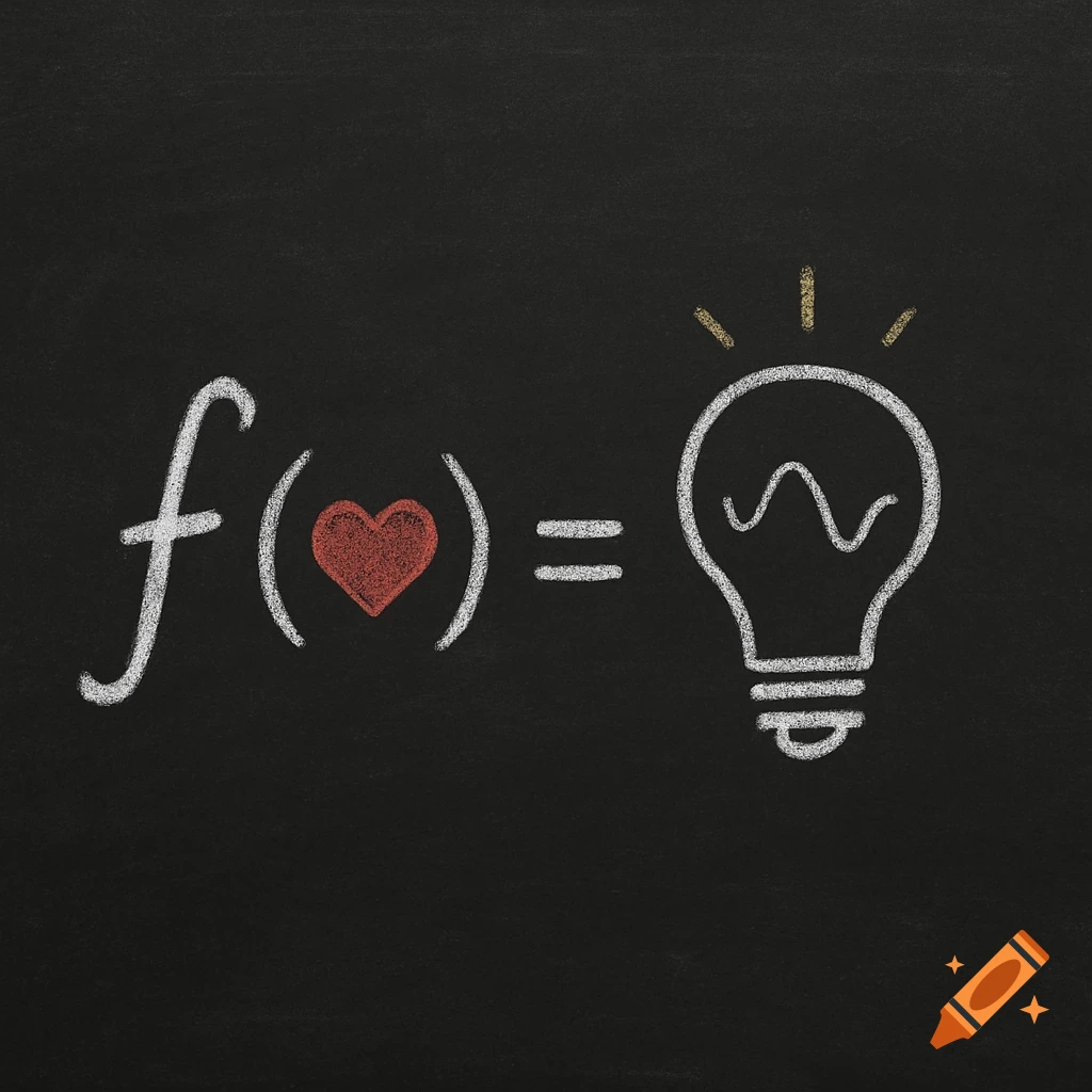 A chalkboard with "f(♥)=💡" drawn in white chalk, where the heart is red and the lightbulb has yellow rays, symbolizing love equals ideas.
