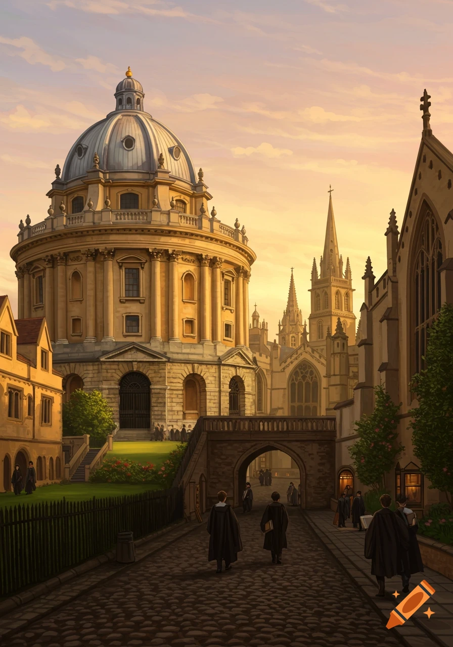 A painterly illustration of Oxford University at sunset, featuring the Radcliffe Camera, historic stone buildings, spires, and students walking on a cobblestone street.