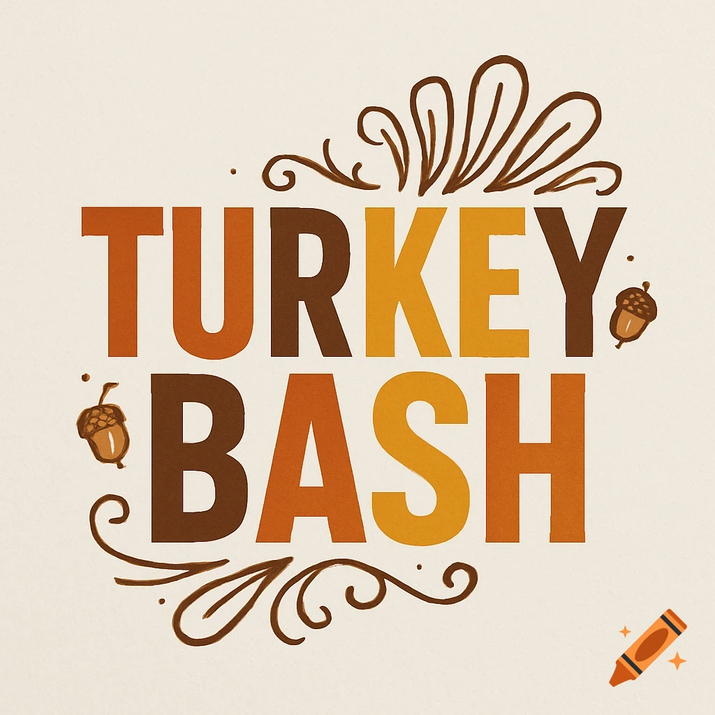 Logo with 'TURKEY BASH' in brown and orange bold letters, accented with acorns and swirling brown lines on a light beige background.