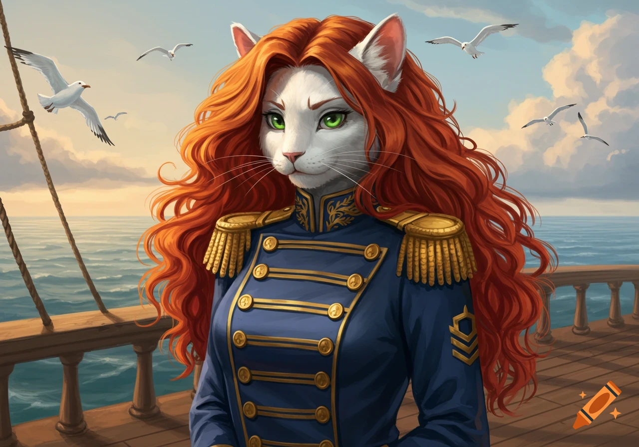 A white anthropomorphic cat with long red hair in a blue naval uniform stands on a ship deck with seagulls flying.
