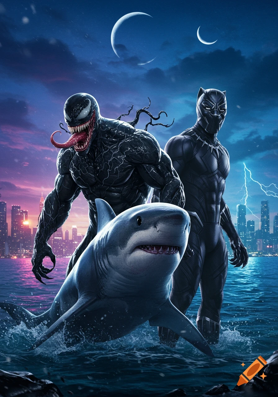 Venom, Black Panther, and Jeff the Shark stand in dark water with a city skyline and lightning at night.