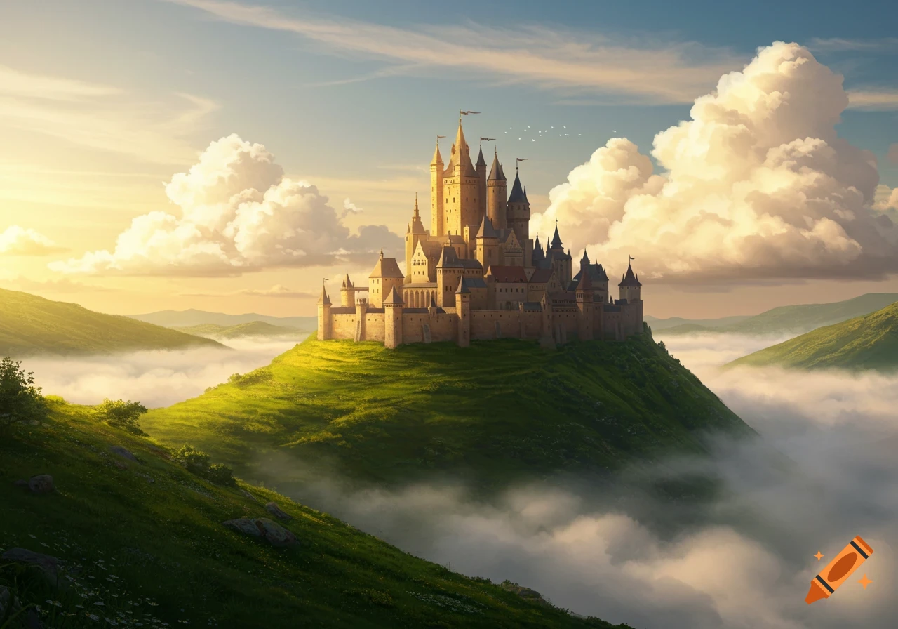 A majestic fantasy castle sits atop a green hill, surrounded by soft clouds and bathed in golden sunlight.
