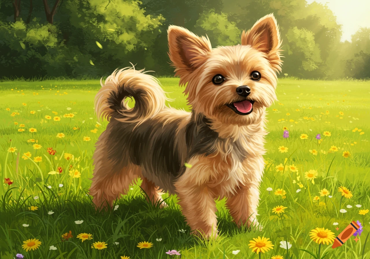 A cute Yorkshire Terrier dog stands in a sunny green field filled with yellow wildflowers, in an illustrated style.