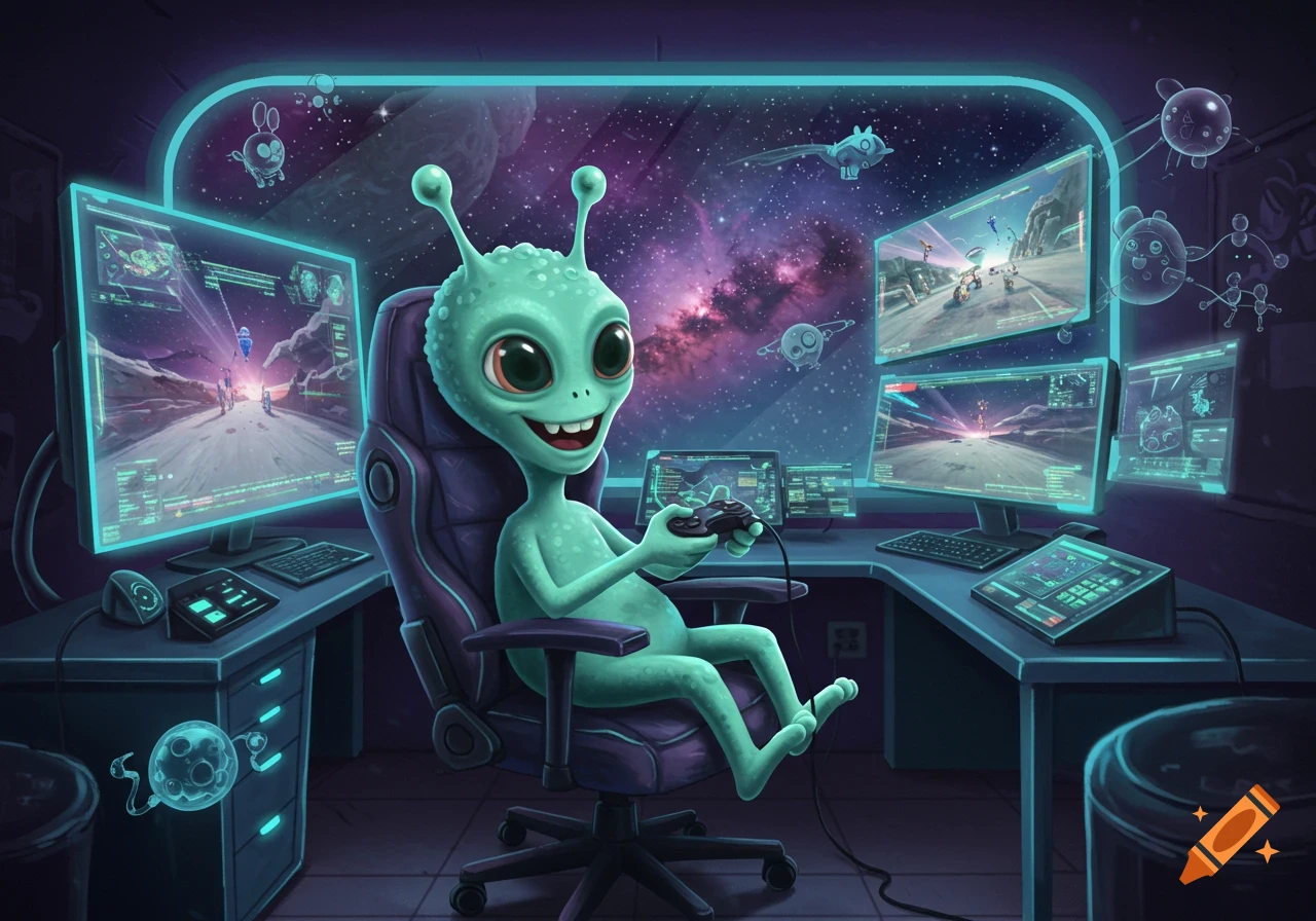 A happy green alien plays video games on multiple glowing screens in a futuristic room with a space view.