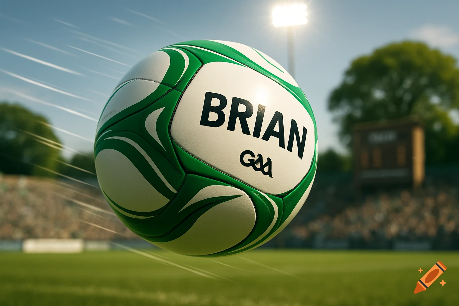 A green and white Gaelic football (GAA ball) with 'BRIAN' and 'GAA' text, soaring over a sports stadium field with motion blur.