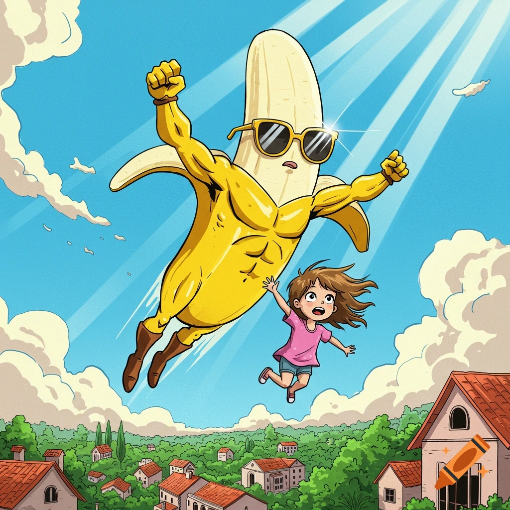 A cartoon superhero banana in sunglasses flies with a young girl over a town, under a sunny sky.