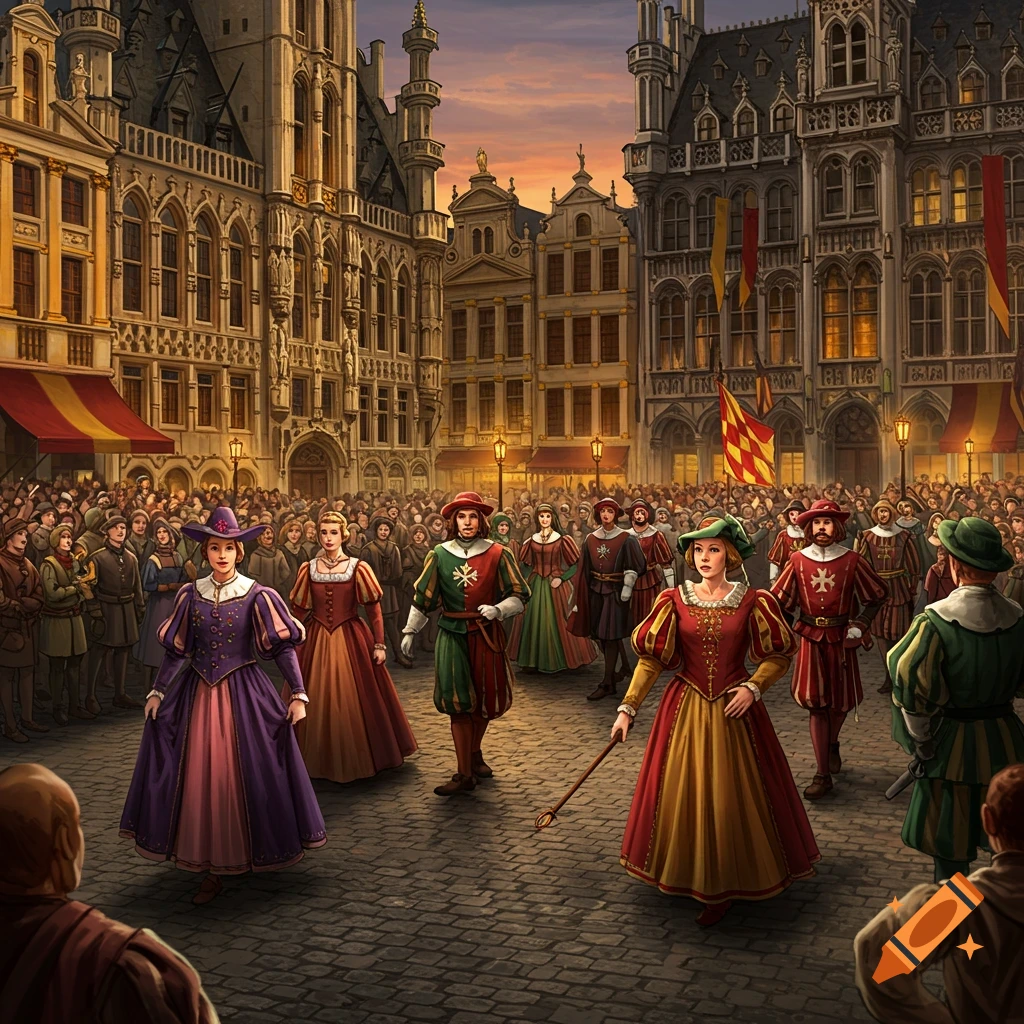 An illustrative painting of a bustling historical procession in a grand European city square, with people in period costumes.