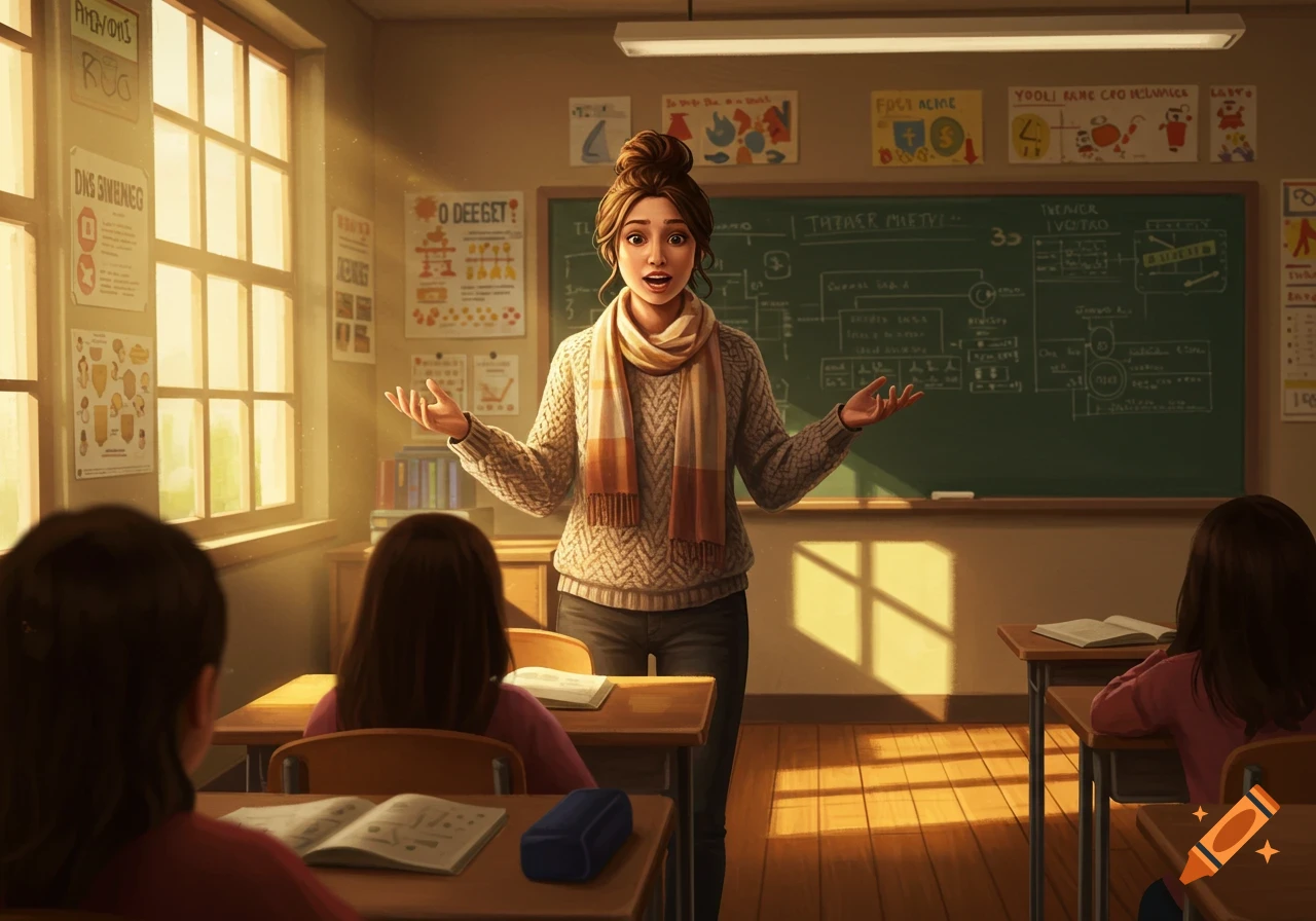 A female teacher stands at the front of a sunlit classroom, gesturing to students at desks with a blackboard behind her, in an illustrative style.