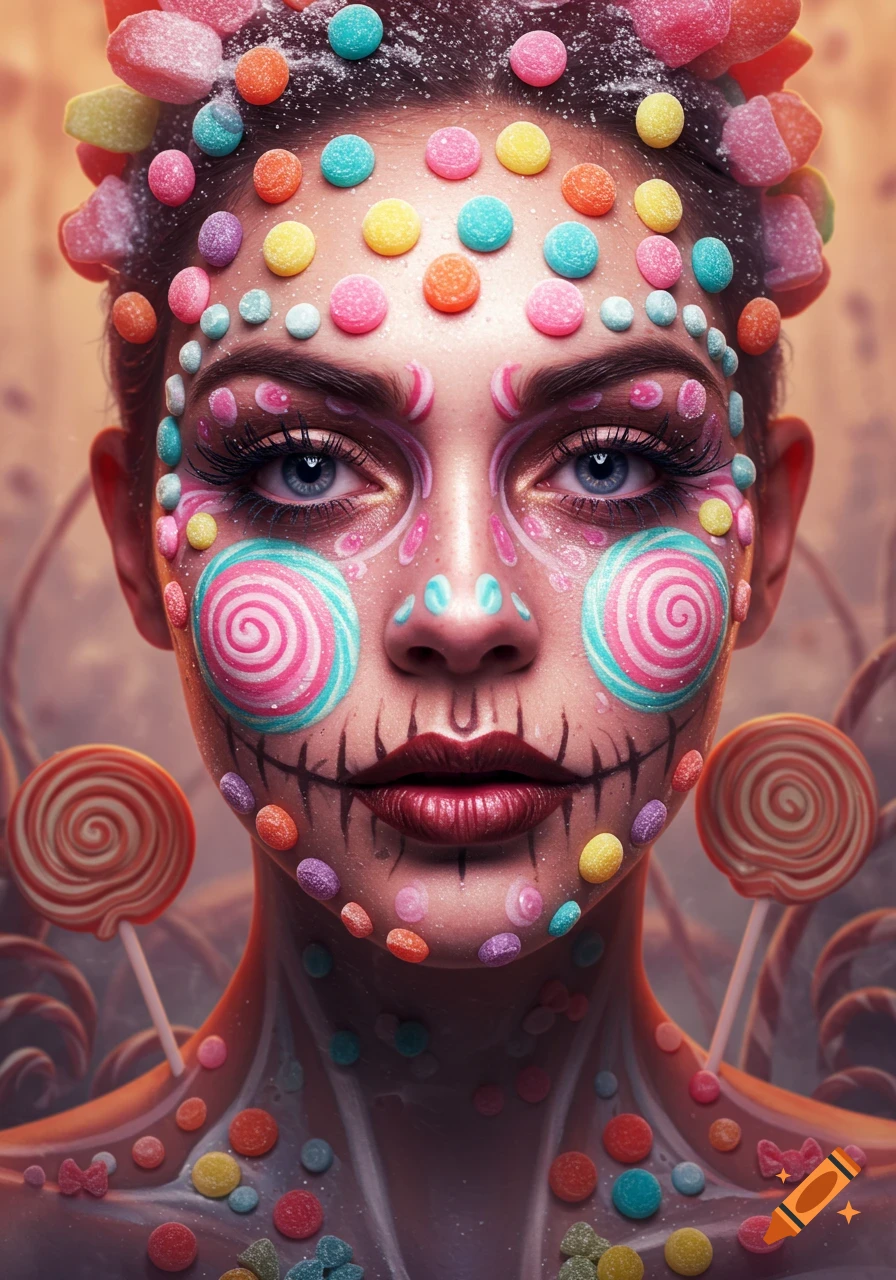 Close-up artistic portrait of a woman with vibrant candy-themed face paint, actual candies, and stitched mouth details.
