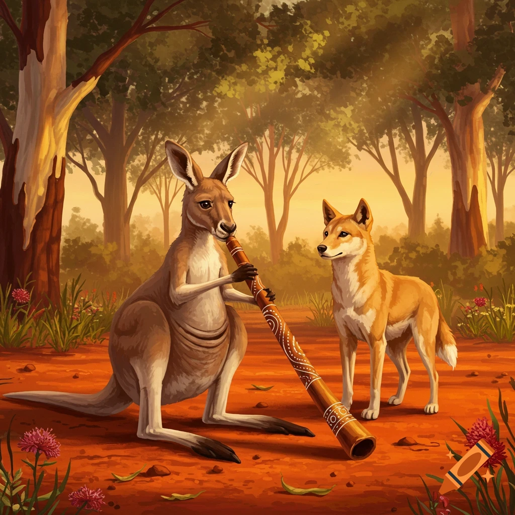 A cartoon kangaroo plays a decorated didgeridoo as a dingo watches in a sunny Australian bushland.