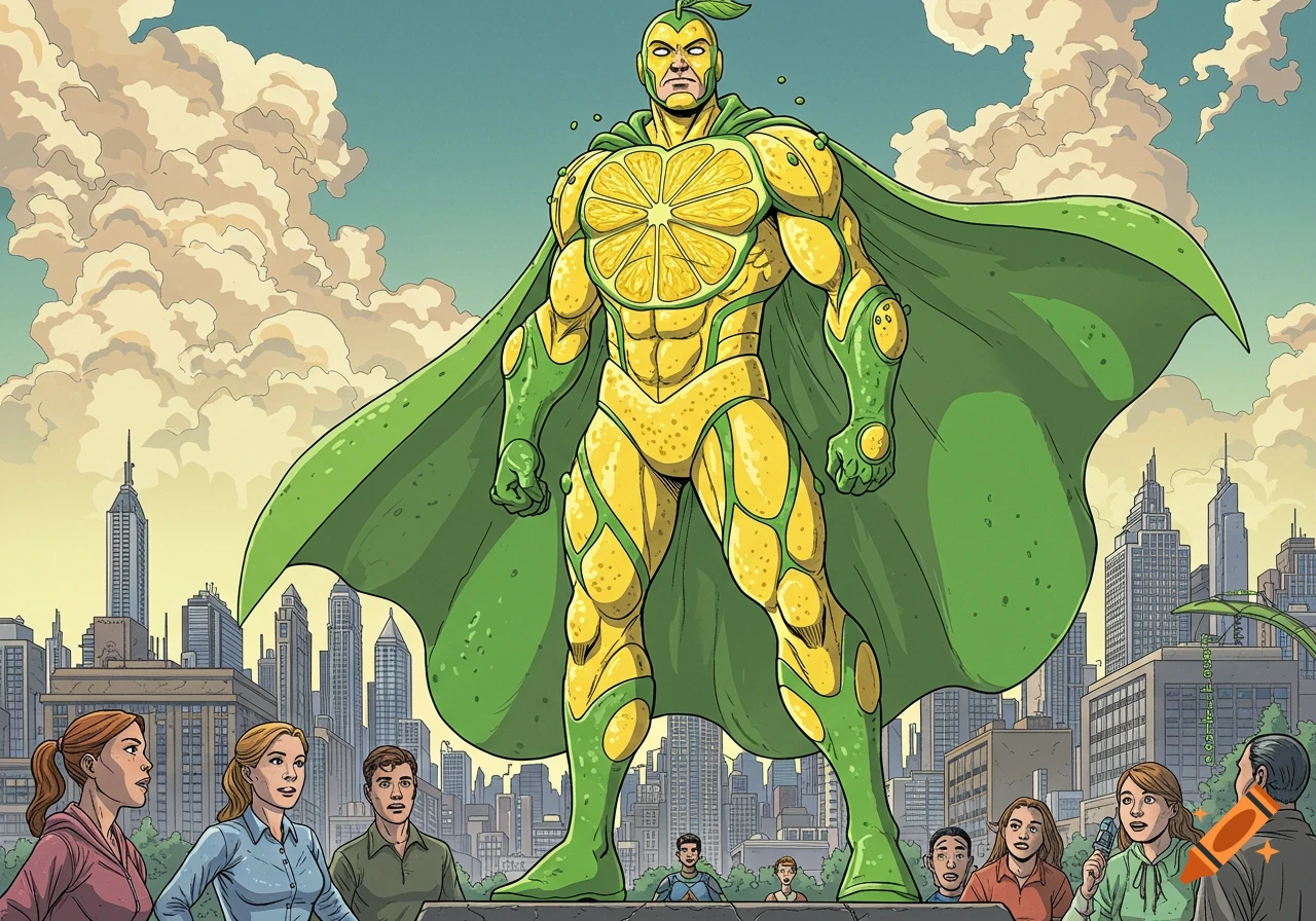 A comic book art style illustration of a giant lemon-lime superhero with a green cape standing in a city, with people looking up.