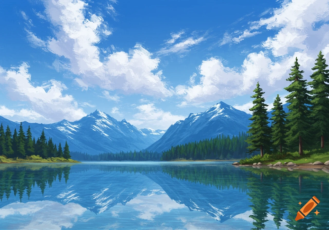 A beautiful digital painting of a serene mountain lake reflecting snow-capped peaks and pine trees under a blue sky with fluffy clouds.