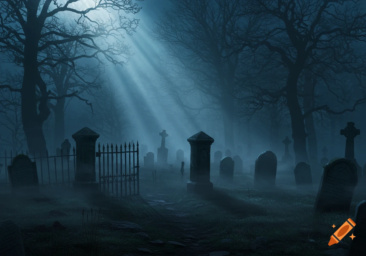 A spooky, foggy graveyard at night with bare trees, moonlit mist, numerous tombstones, and an open iron gate.
