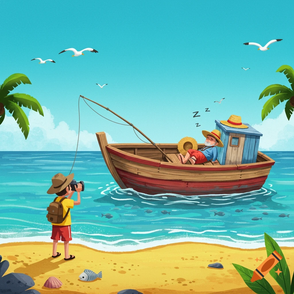 A colorful cartoon shows a child tourist on a sandy beach photographing an old fisherman sleeping in a wooden boat on the turquoise sea, with seagulls flying above.