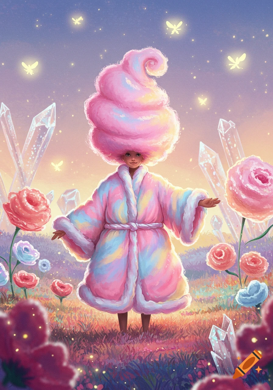 A whimsical character with pink cotton candy hair wears a pastel rainbow robe, standing in a magical field with glowing crystals, pink and blue roses, and twinkling fairies against a soft, gradient sky, in an illustration style.