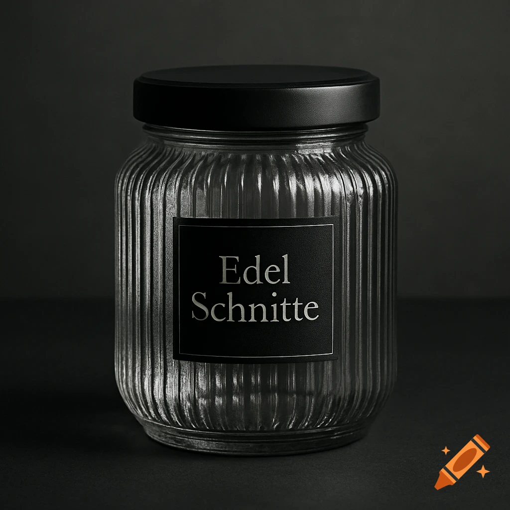 A photorealistic image of a ribbed glass jar with a matte black lid and a black label reading 'Edel Schnitte'.