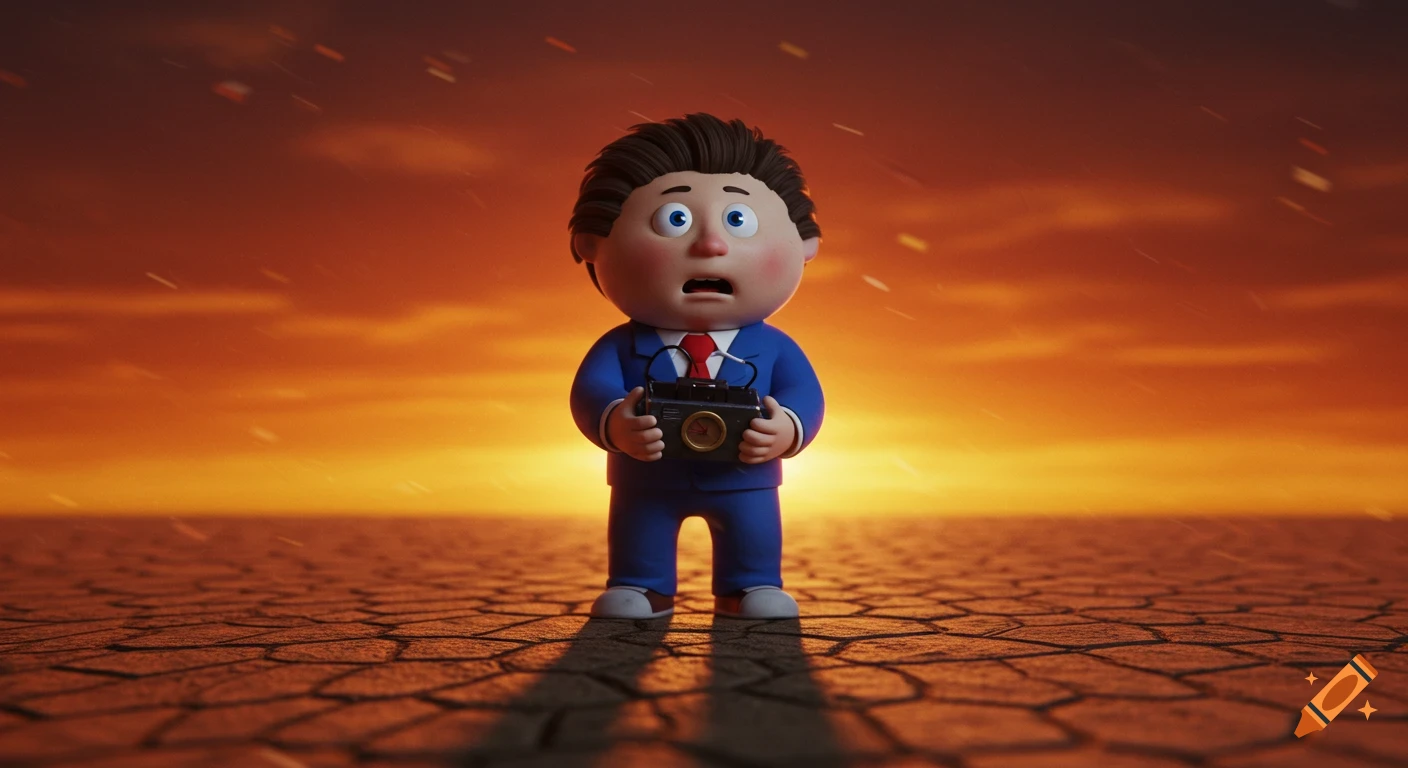 A 3D cartoonish boy in an 80s blue suit holds a retro detonator on cracked desert ground under an orange sunset sky.