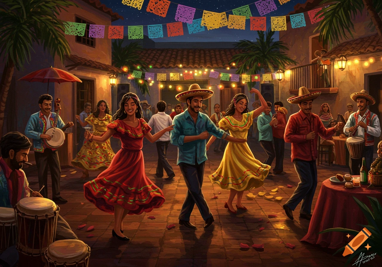 Illustrated scene of people dancing and playing music at a vibrant outdoor party in a courtyard decorated with colorful banners at night.