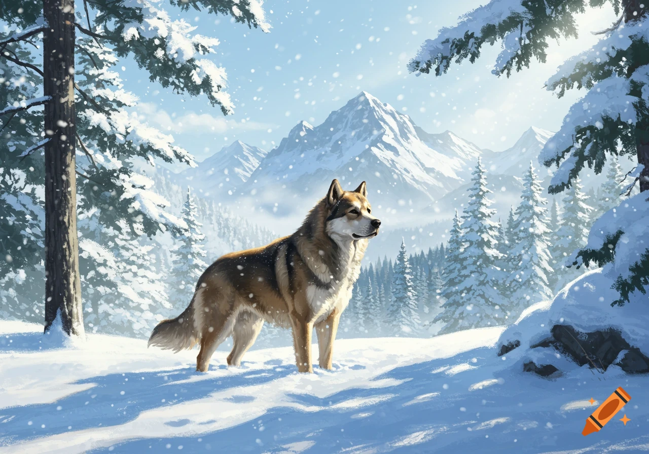 A majestic wolf stands on a snow-covered hill amidst pine trees and mountains, with snowflakes falling in a winter scene.