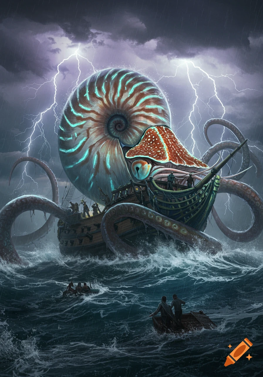 A colossal, glowing mutant nautilus attacks a pirate ship during a stormy lightning-filled sea, as sailors battle and flee.