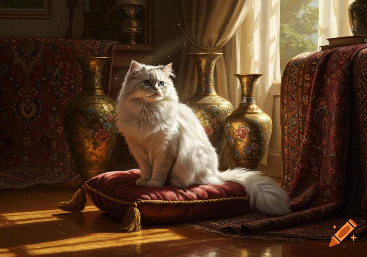 A fluffy white cat with blue eyes sits regally on a red velvet pillow in a sunlit, richly decorated room with ornate vases and patterned rugs.