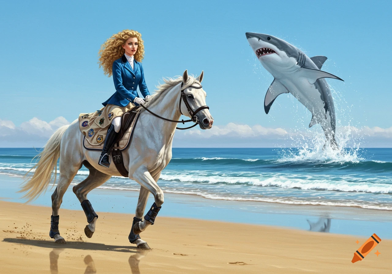 A blonde woman in a blue jacket rides a white horse on a sunlit beach as a shark leaps from the ocean waves nearby.