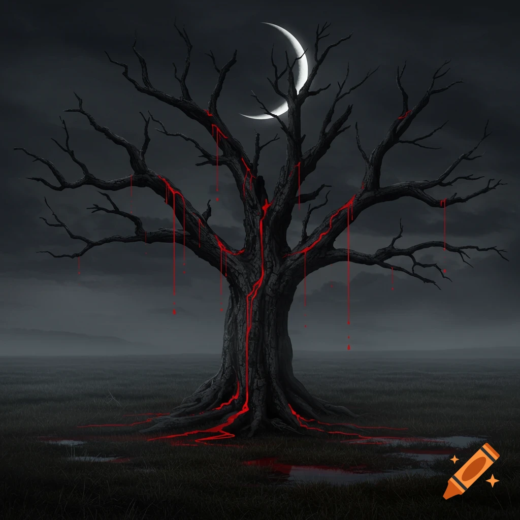 A gnarled, leafless tree bleeds red liquid, dripping onto a dark, misty field under a crescent moon.