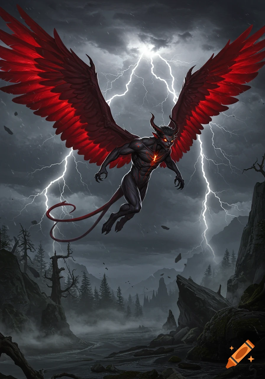A black demon with large red wings and glowing red eyes flies through a stormy, lightning-filled sky over a dark, misty landscape.