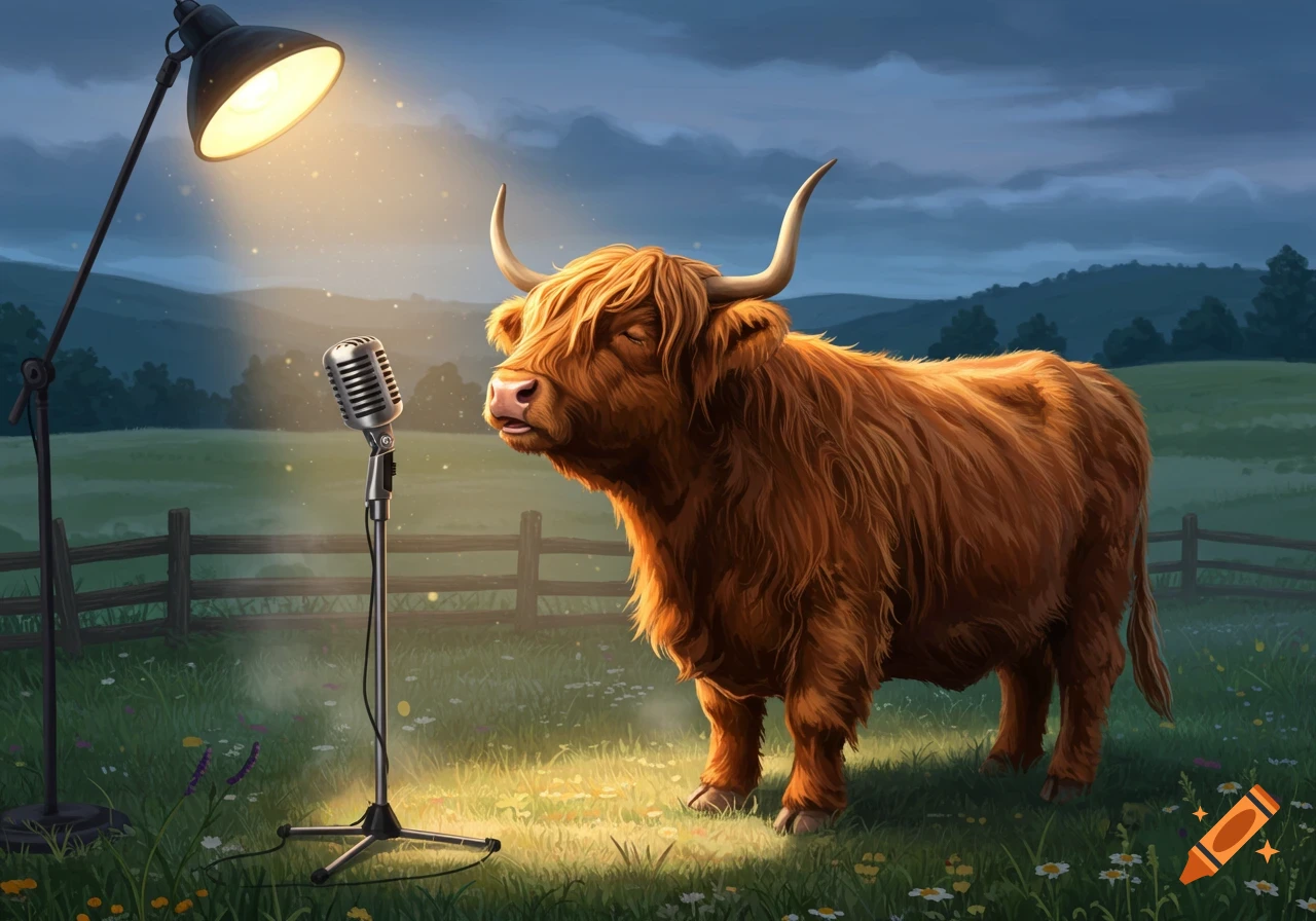 A shaggy Highland cow stands under a bright spotlight next to a vintage microphone in a grassy field at dusk.
