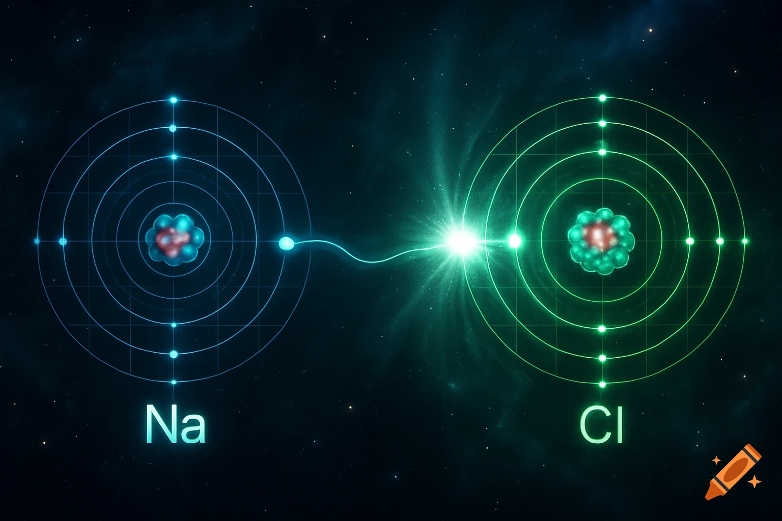 Blue Sodium (Na) atom and green Chlorine (Cl) atom exchanging an electron, depicting an ionic bond in a cosmic setting.