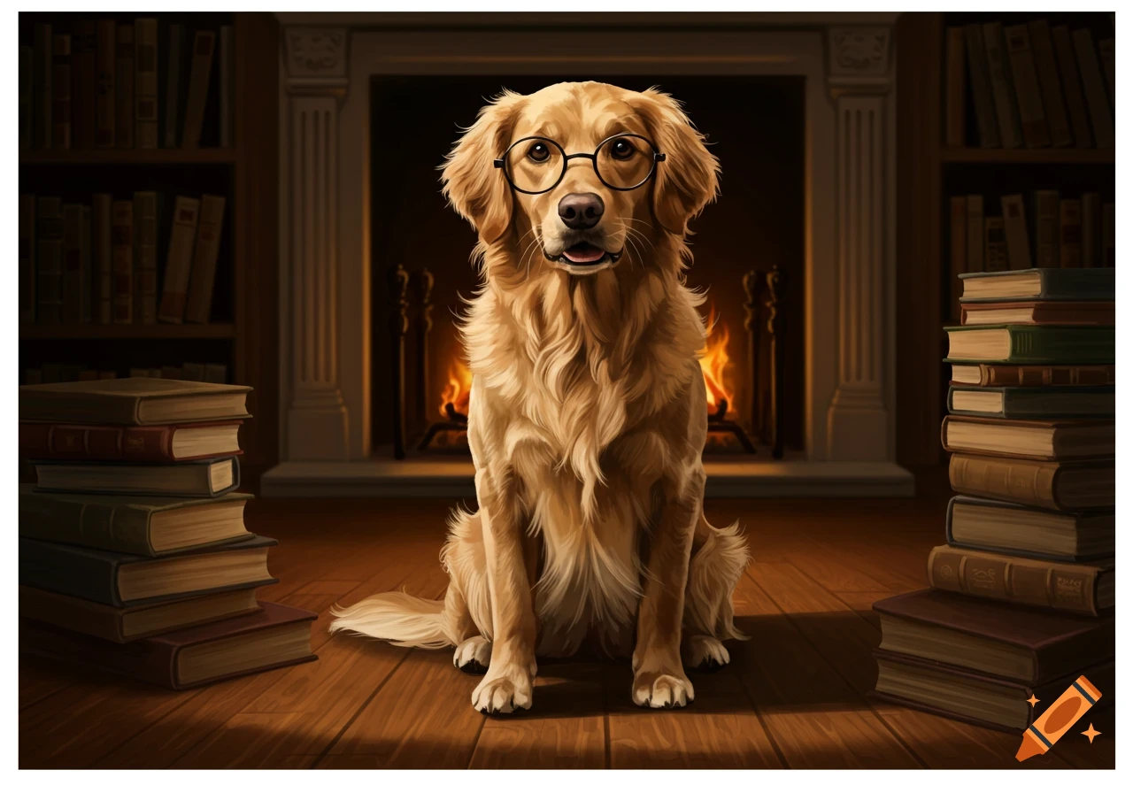 A golden retriever wearing glasses sits on a wooden floor in a library with a fireplace and stacks of books.