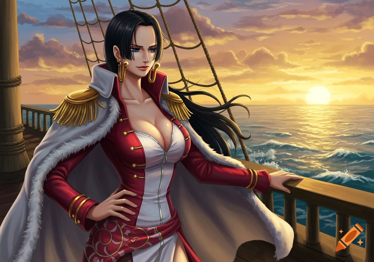 Anime-style illustration of Boa Hancock in a red and white outfit on a ship deck at sunset.