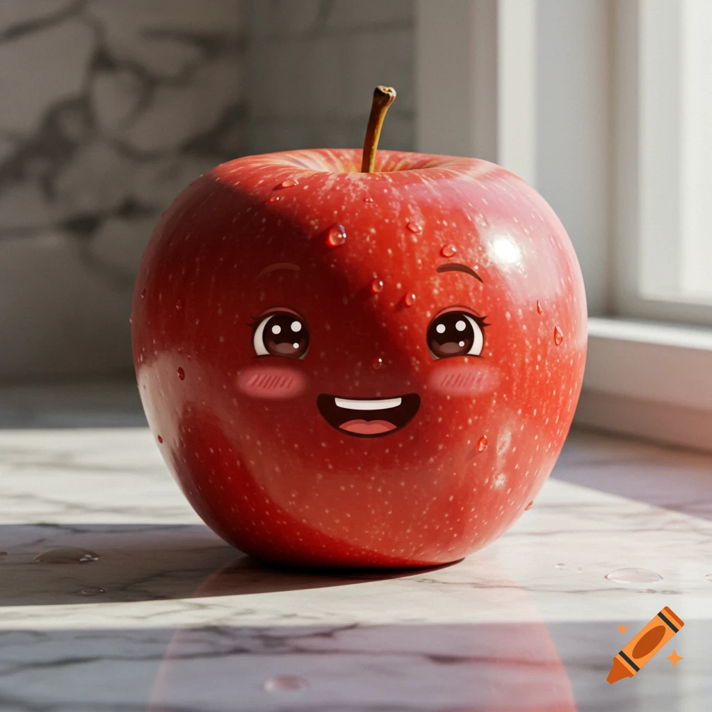 A photorealistic red apple with water droplets and a cute, smiling cartoon face sits on a marble countertop with sunlight.