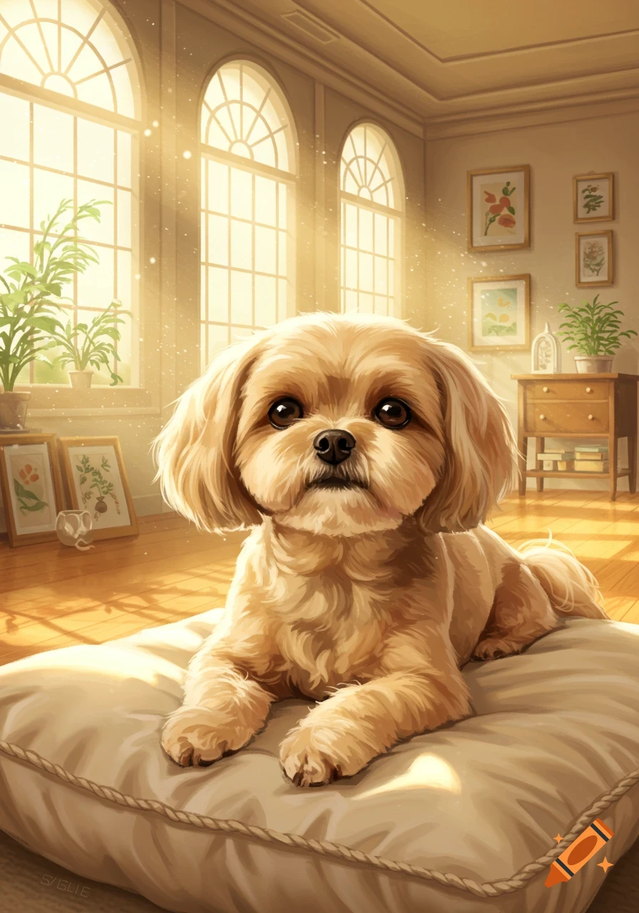 A fluffy blonde Lhasa Apso dog lies on a cushion in a sunlit room with arched windows and plants, in a digital illustration style.