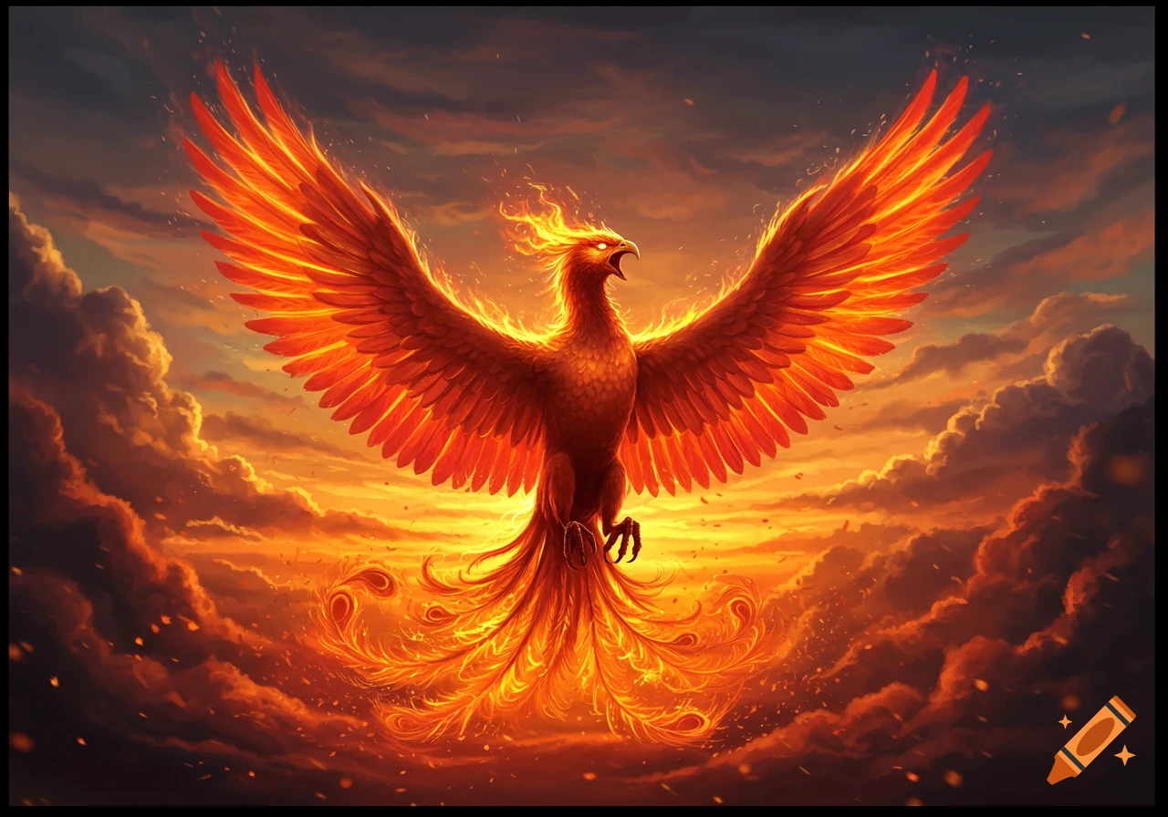 A majestic fiery phoenix with wings spread wide, soaring through a vibrant, smoke-filled orange and red sky.
