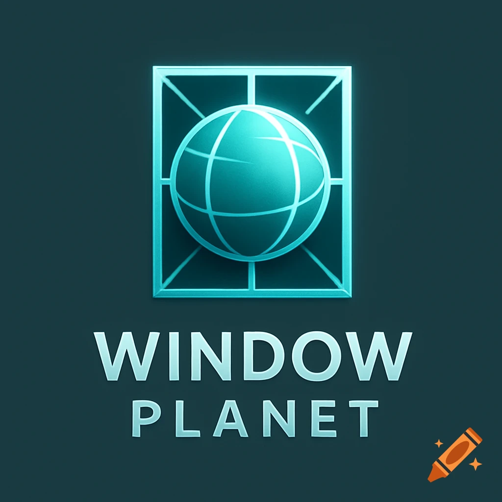 A modern blue and teal logo featuring a square frame enclosing a stylized globe, with the text 'WINDOW PLANET' below it.