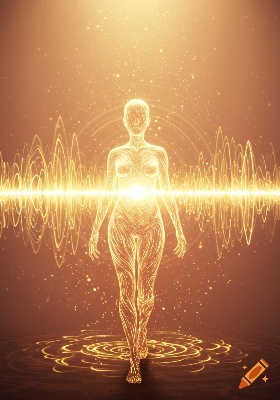 A glowing golden abstract human figure stands amidst radiating sound waves and light particles.